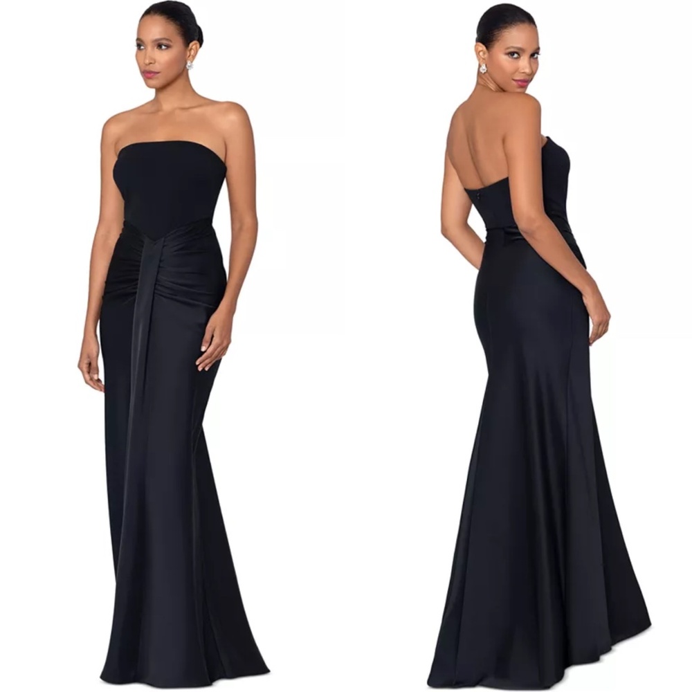 NEW Betsy & Adam BLACK Strapless SATIN Draped RUCHED Pleat EVENING Dress GOWN 4P